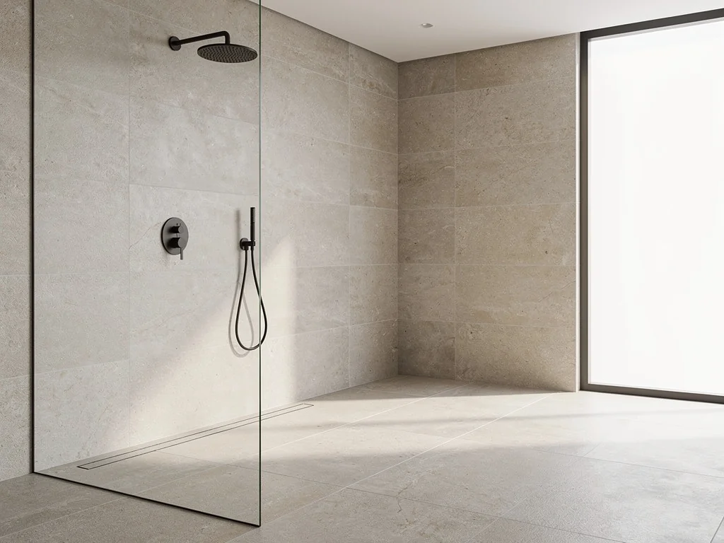 Salle de bain refaite avec douche de plain-pied et carrelage effet pierre