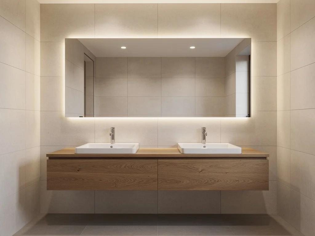 Meuble double vasque suspendu et grand miroir dans une salle de bain repensée