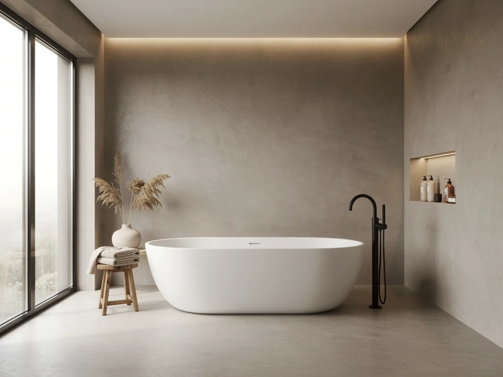 Baignoire îlot et robinetterie noire dans une salle de bain rénovée