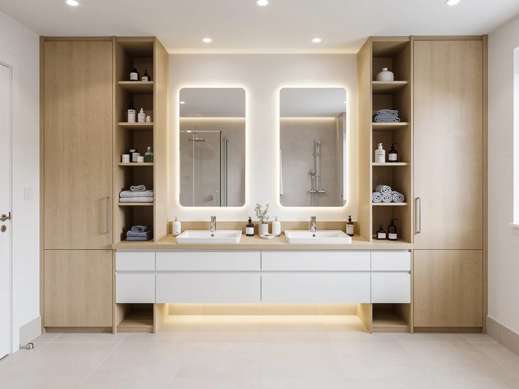 Salle de bain familiale avec rangements sur mesure et éclairage LED
